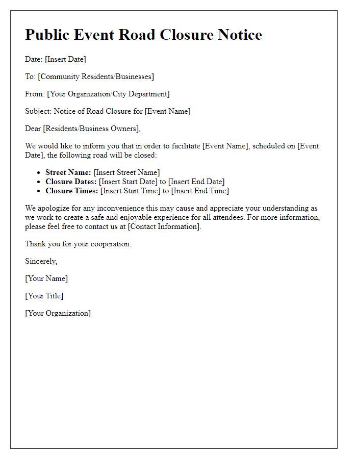 Letter template of public event road closure notice