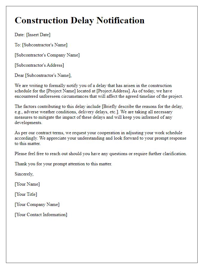 Letter template of construction delay notification to subcontractor