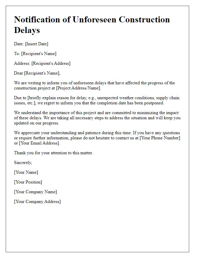 Letter template of notification for unforeseen construction delays