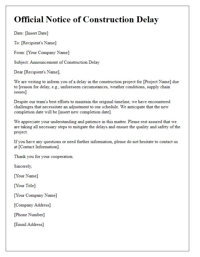 Letter template of official construction delay announcement