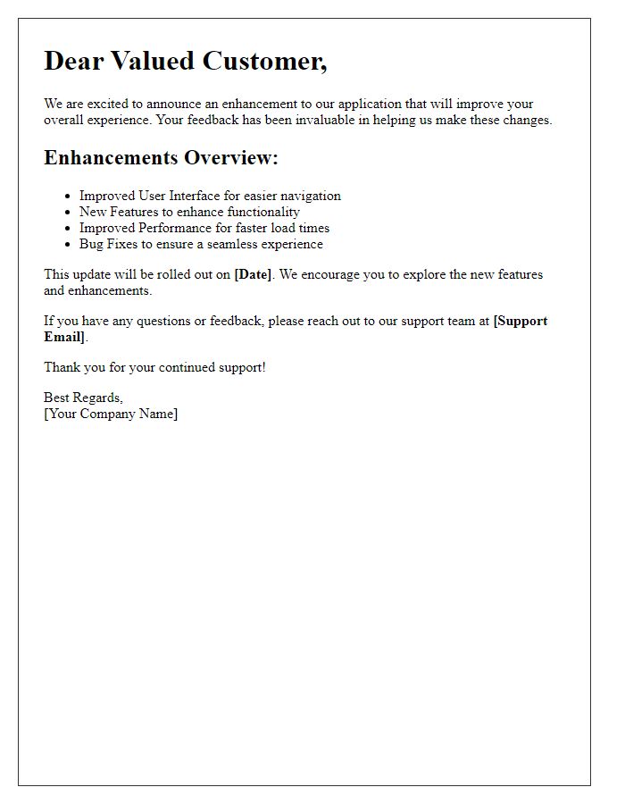 Letter template of application enhancement alert for customers