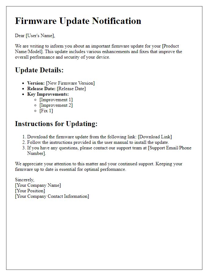 Letter template of firmware update information for hardware users