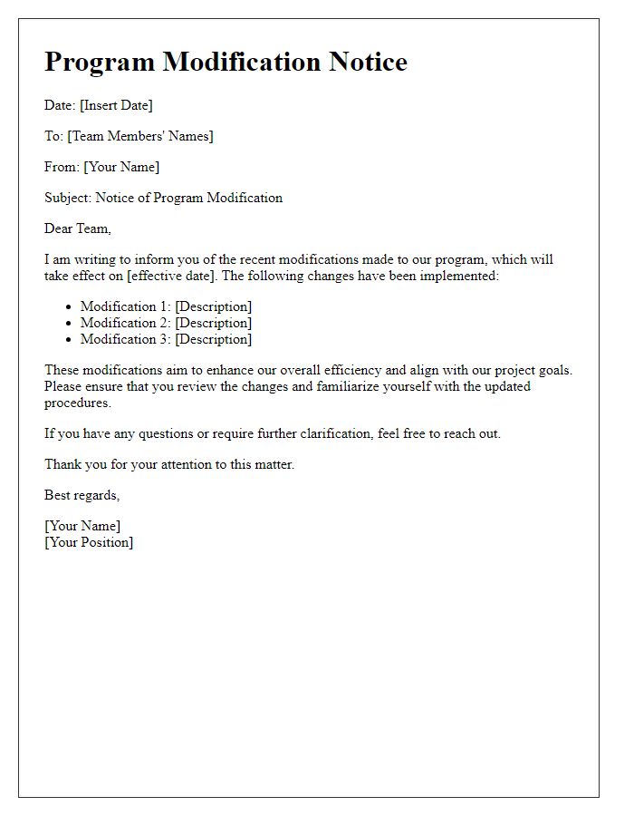 Letter template of program modification notice for team members