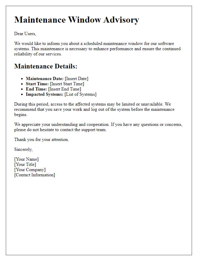 Letter template of software maintenance window advisory for all users