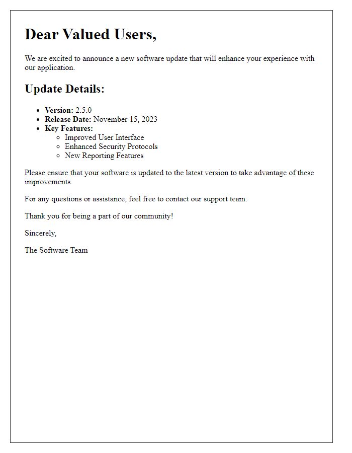 Letter template of software update announcement for users