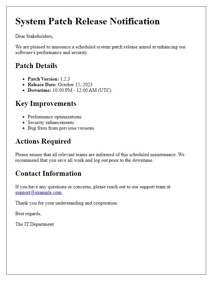 Letter template of system patch release communication for stakeholders