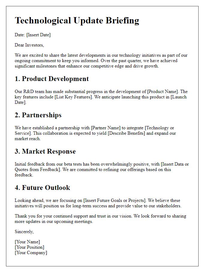 Letter template of technological update briefing for investors