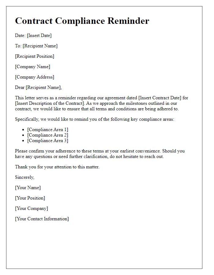 Letter template of contract compliance reminder