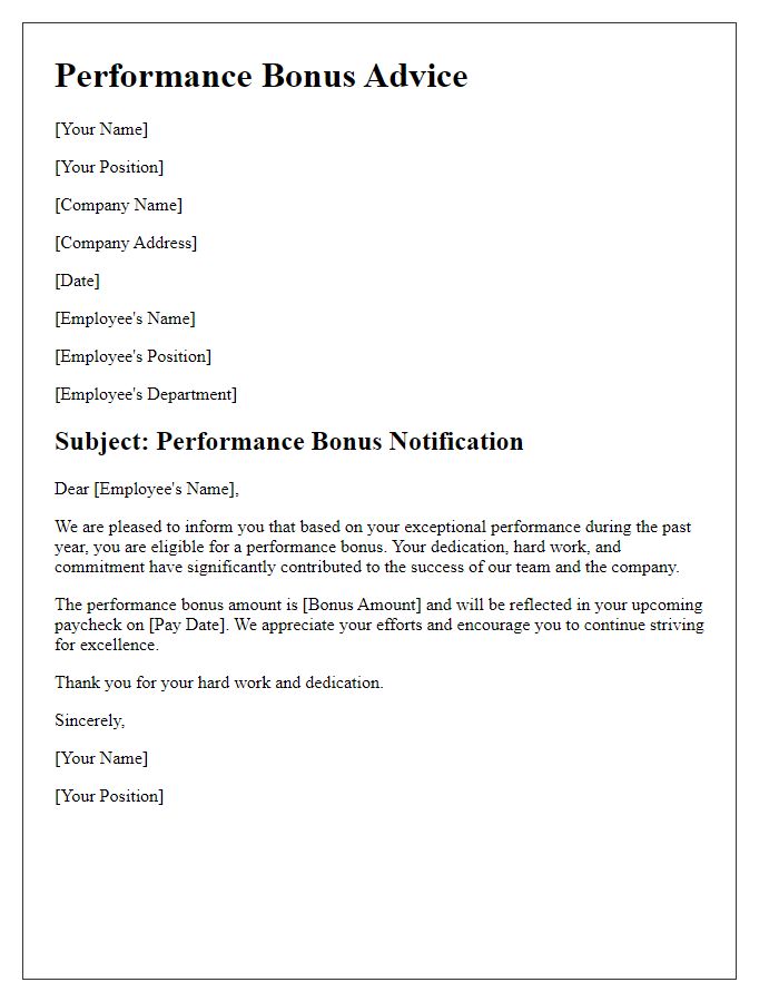 Letter template of performance bonus advice.