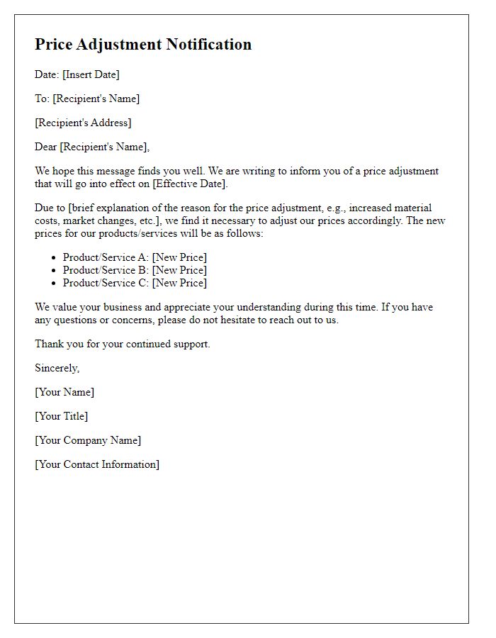 Letter template of price adjustment notification