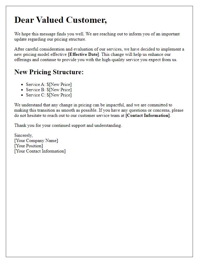 Letter template of pricing restructure message