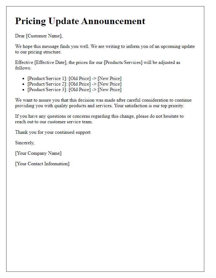 Letter template of pricing update announcement
