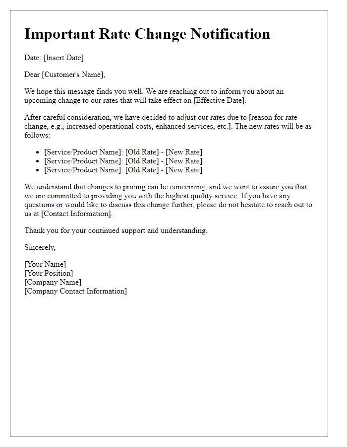 Letter template of rate change communication