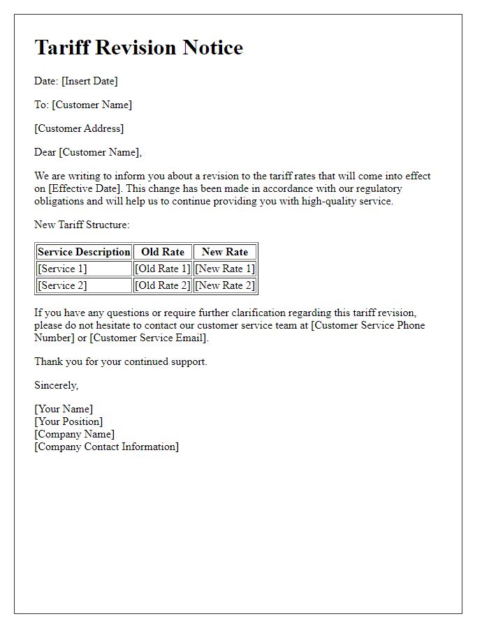 Letter template of tariff revision notice