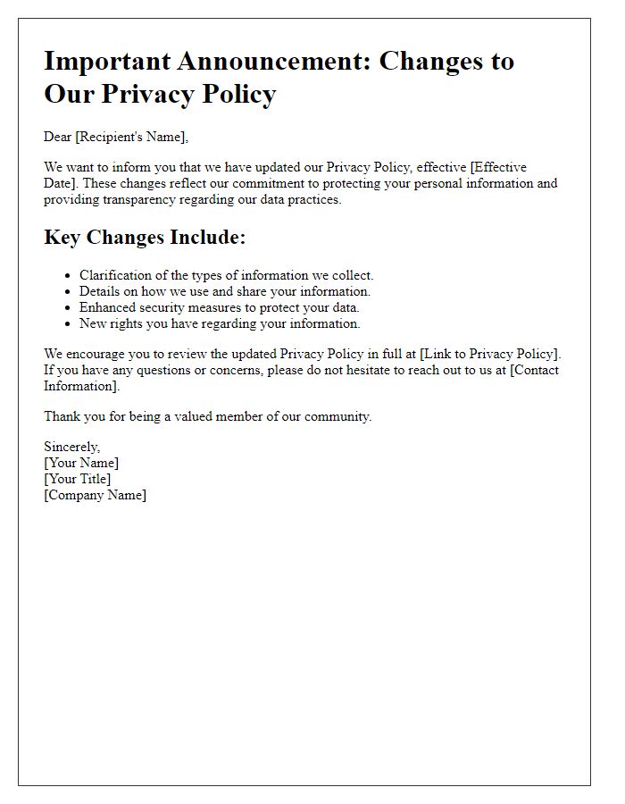 Letter template of Changes to Our Privacy Policy Announcement