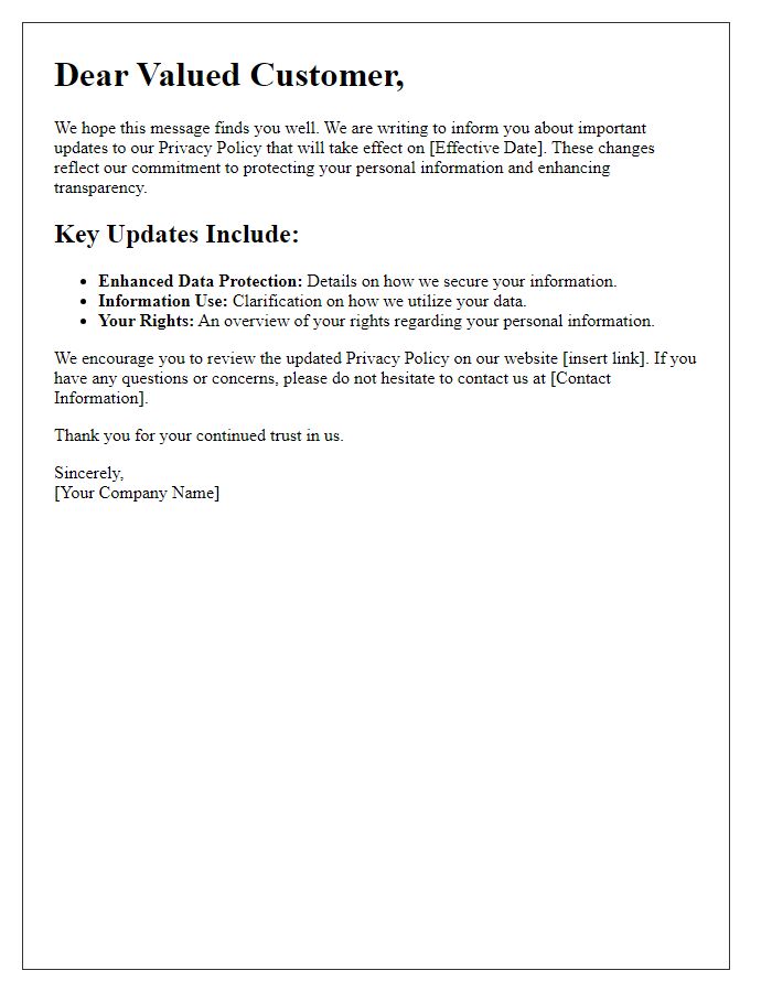 Letter template of Important Updates to Our Privacy Policy