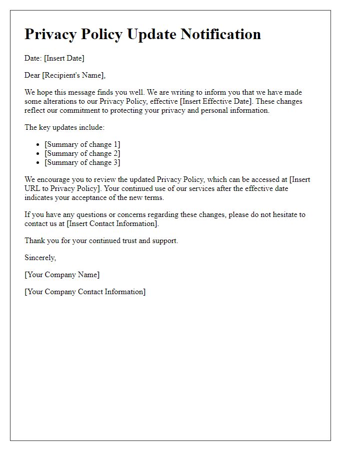 Letter template of Privacy Policy Alteration Notification