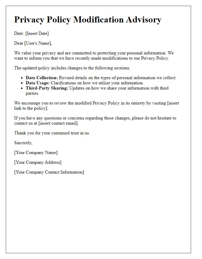 Letter template of Privacy Policy Modification Advisory