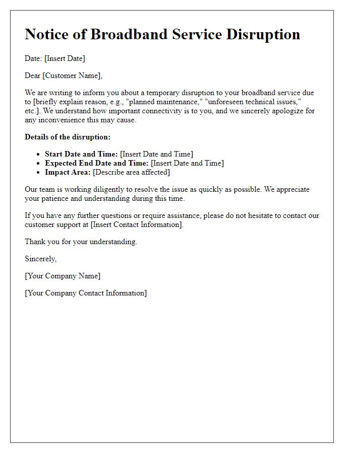 Letter template of Broadband Service Disruption Information