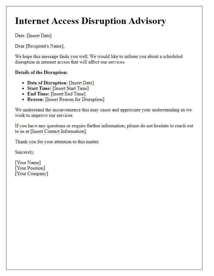 Letter template of Internet Access Disruption Advisory