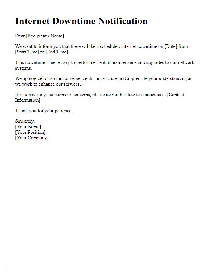 Letter template of Internet Downtime Communication