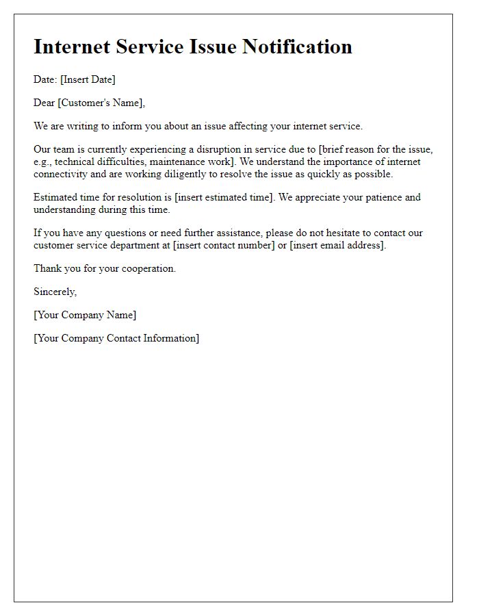 Letter template of Internet Service Issue Notification