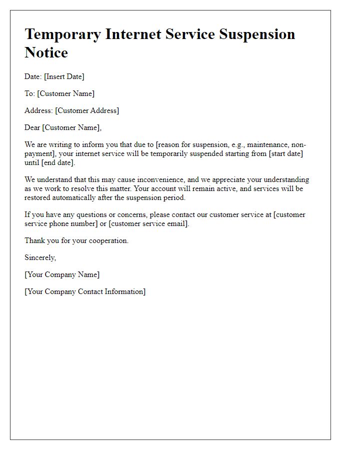 Letter template of Temporary Internet Service Suspension Notice