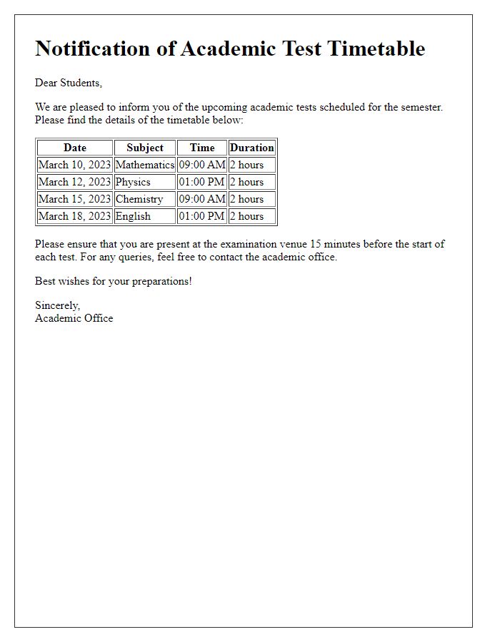 Letter template of academic test timetable notification