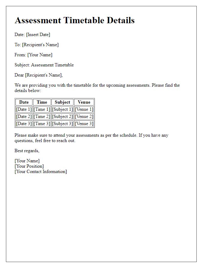 Letter template of assessment timetable details