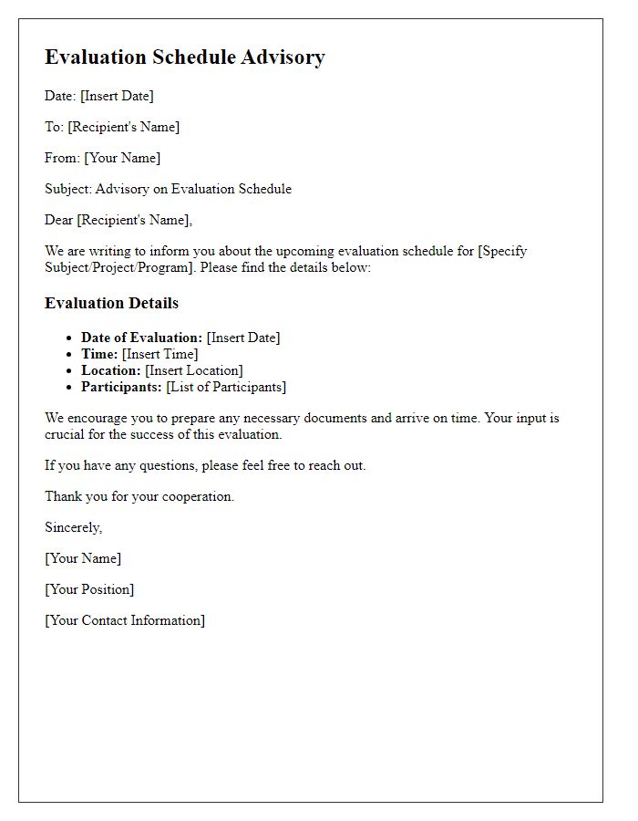 Letter template of evaluation schedule advisory