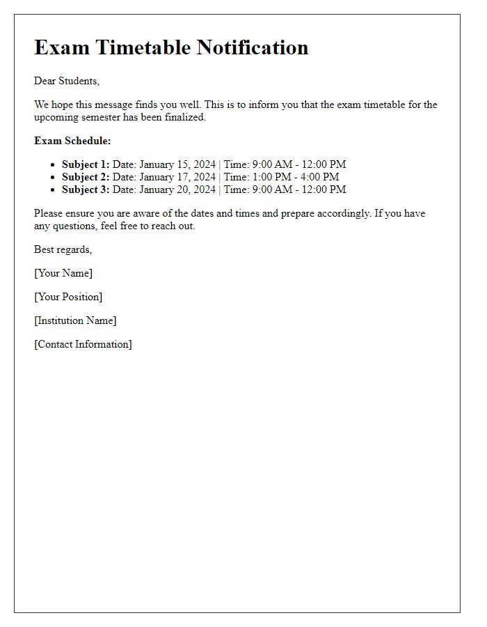 Letter template of exam timetable notification