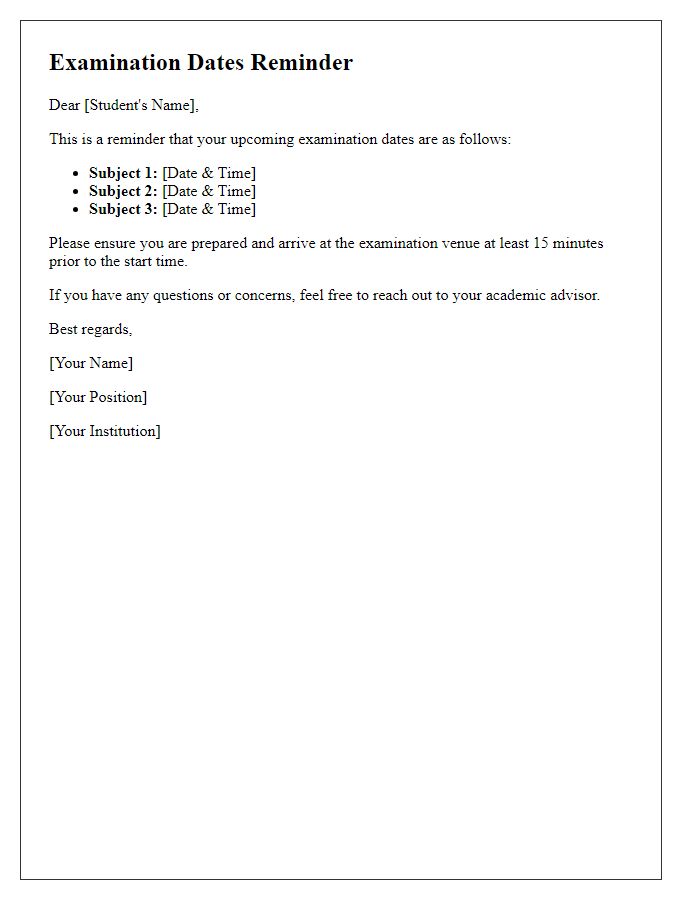 Letter template of examination dates reminder