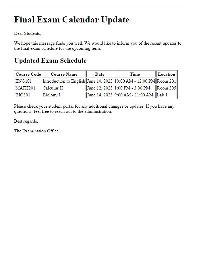 Letter template of final exam calendar update