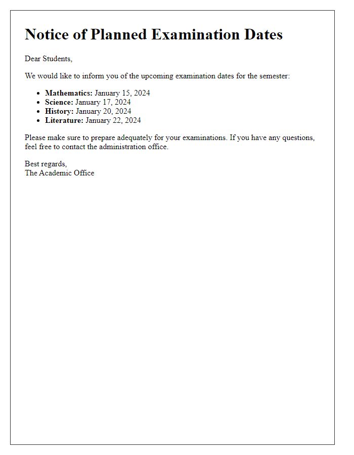 Letter template of planned examination dates