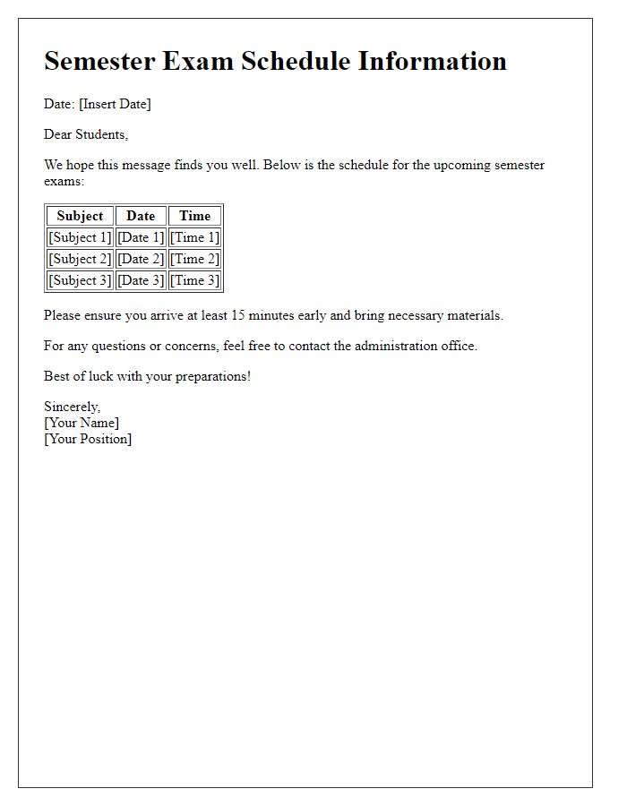 Letter template of semester exam schedule information