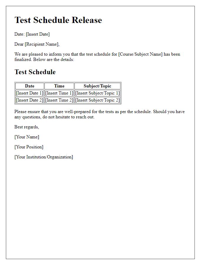 Letter template of test schedule release