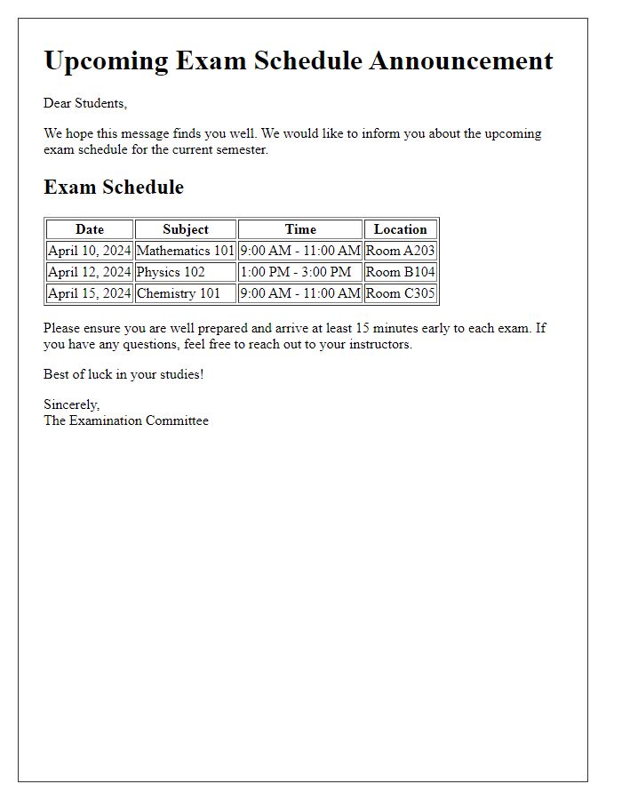 Letter template of upcoming exam schedule announcement