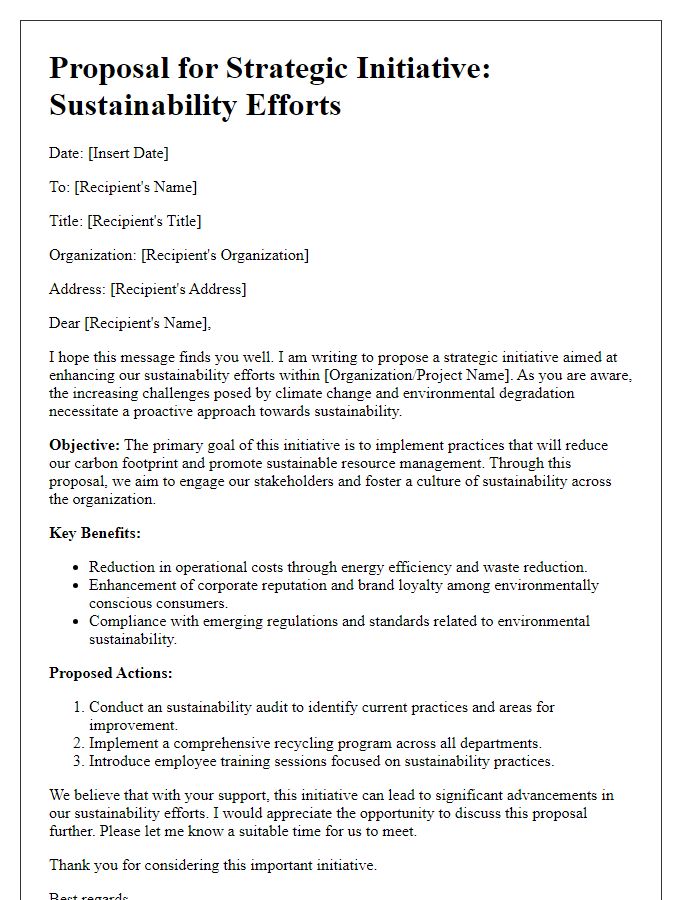 Letter template of strategic initiative proposal for sustainability efforts