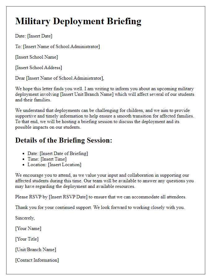 Letter template of military deployment briefing for school administrators