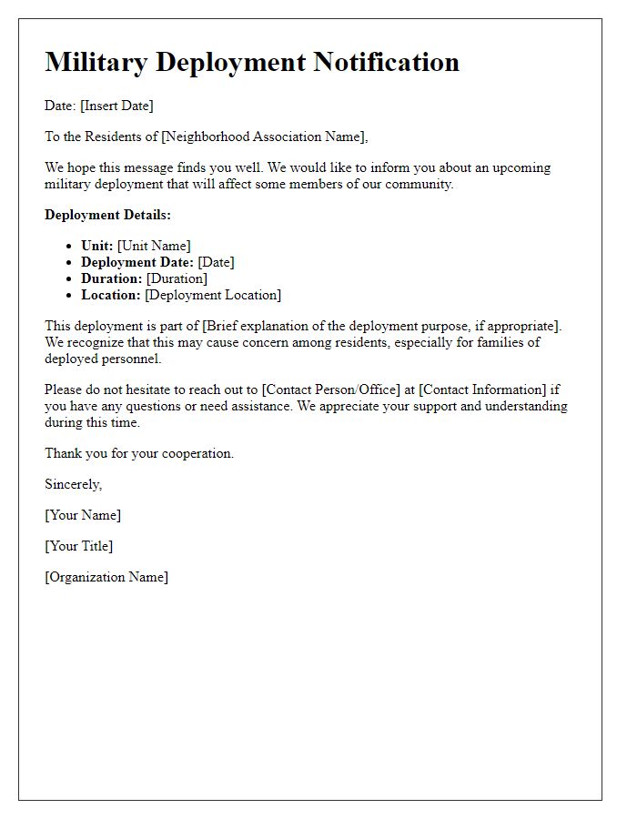 Letter template of military deployment details for neighborhood associations