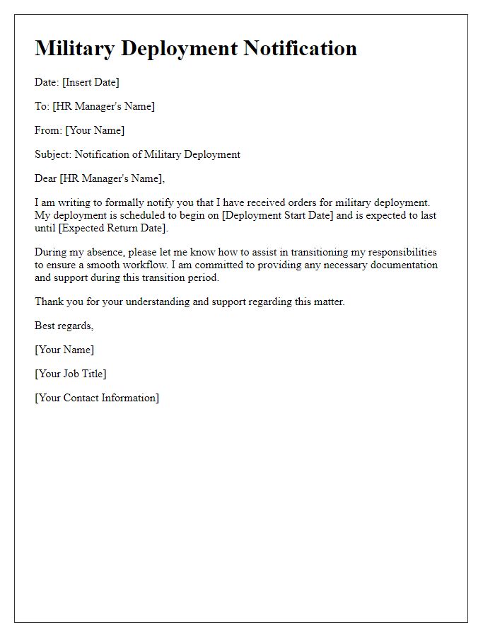 Letter template of military deployment message for workplace HR