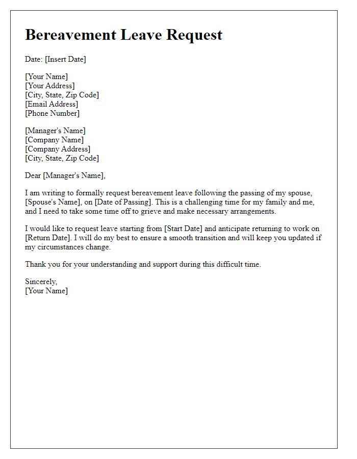 Letter template of bereavement leave correspondence for the death of a spouse.