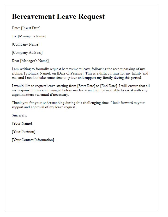 Letter template of bereavement leave declaration due to sibling demise.