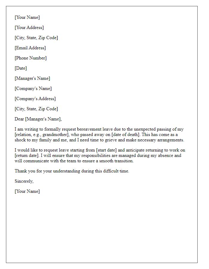 Letter template of bereavement leave letter for unexpected bereavement.