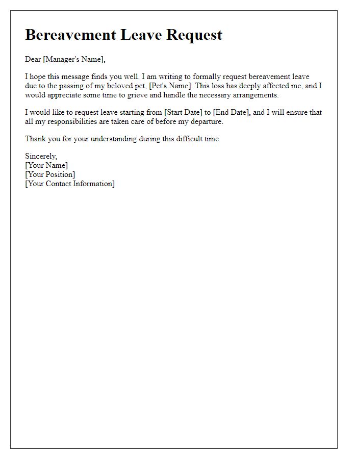 Letter template of bereavement leave message for mourning a pet.