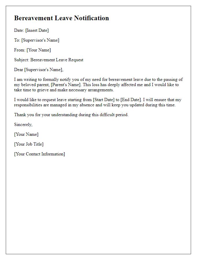 Letter template of bereavement leave notification for the loss of a parent.