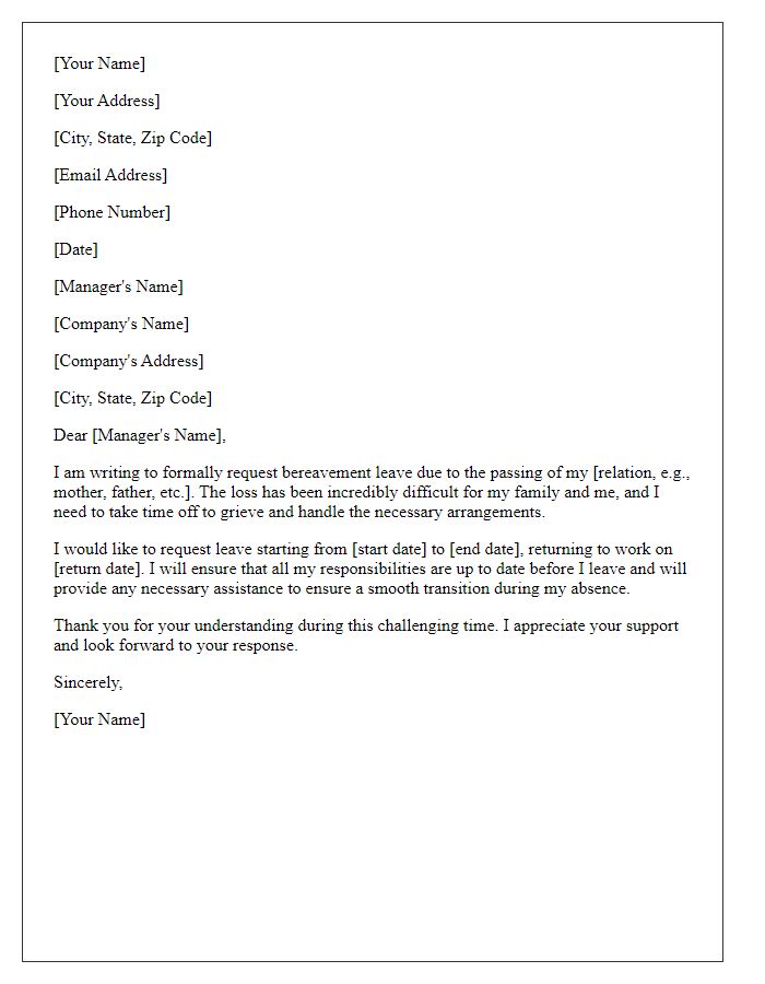 Letter template of bereavement leave request for a family member's passing.