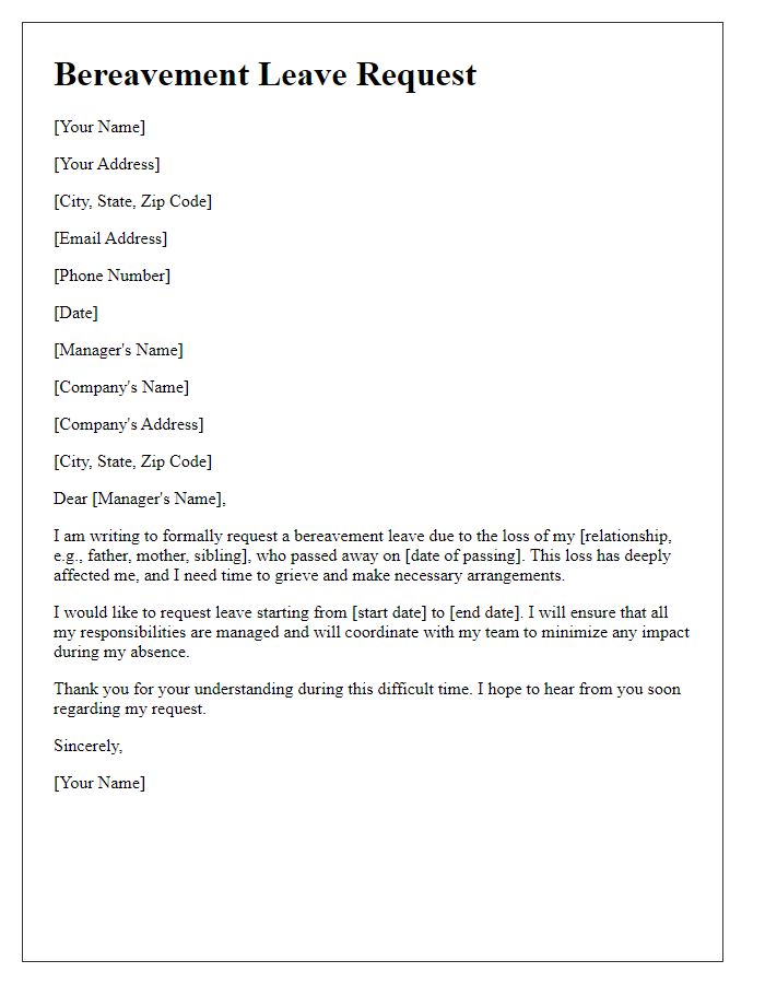 Letter template of bereavement leave submission for an immediate relative's loss.