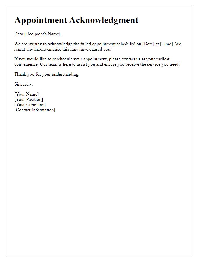 Letter template of failed appointment acknowledgment