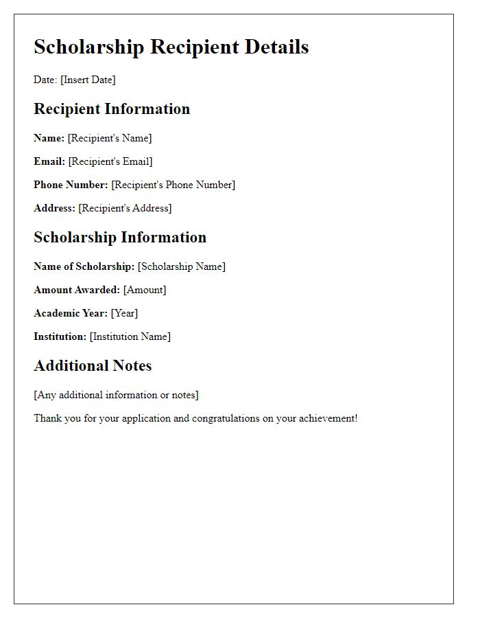 Letter template of scholarship recipient details